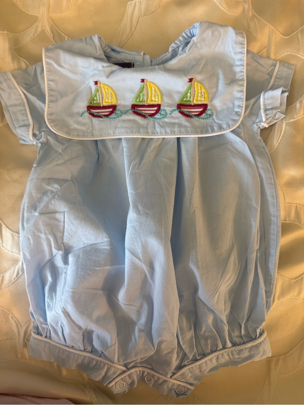 Light Blue Sailboat Embroidered Baby One-Piece